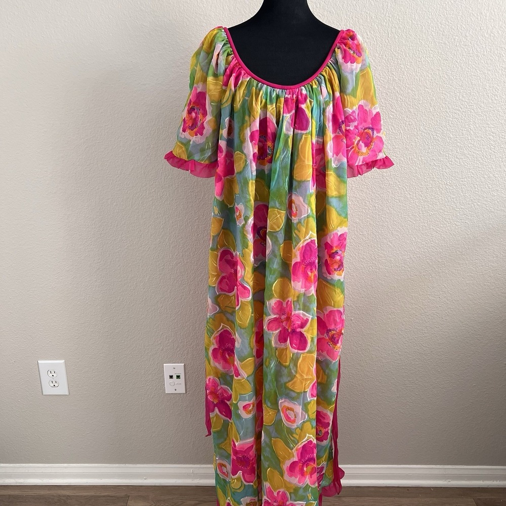 Vintage Jenelle of California Gown Belted Ruffles Floral Lined Colorful Nylon - Picture 2 of 14